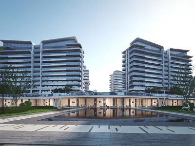 Modern High Rise Residential Buildings With Water Pool Landscaping And Entrance Area 3d model