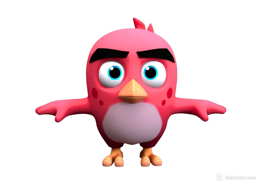 Pink Cartoon Bird Featuring Big Blue Eyes Black Eyebrows Spread Wings on White Background 3d model 