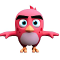 Pink Cartoon Bird Featuring Big Blue Eyes Black Eyebrows Spread Wings on White Background