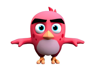 Pink Cartoon Bird Featuring Big Blue Eyes Black Eyebrows Spread Wings on White Background 3d model