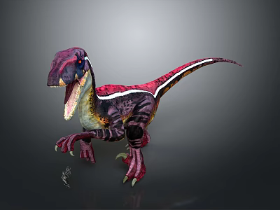Animated Velociraptor Dinosaur Character With Colorful Red Purple White Stripes Open Mouth Sharp Teeth Claws 3d model