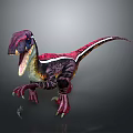 Animated Velociraptor Dinosaur Character With Colorful Red Purple White Stripes Open Mouth Sharp Teeth Claws