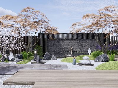 Japanese-style courtyard withered stone courtyard landscape sunken outdoor sofa seat landscape stone landscape wall maple tree landscape cherry blossom tree Zen landscape model