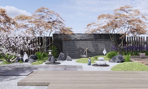 Japanese-style courtyard withered stone courtyard landscape sunken outdoor sofa seat landscape stone landscape wall maple tree landscape cherry blossom tree Zen landscape 3d model