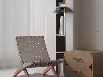 Modern Woven Design Leisure Chair With Wooden Legs And Bookshelf In Interior Space 3d model