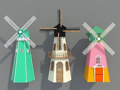 Traditional Windmill Architectural Components Featuring Various Colorful Tower Bodies Blades Windows And Door 3d model