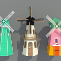 Traditional Windmill Architectural Components Featuring Various Colorful Tower Bodies Blades Windows And Door