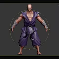 Muscular Bald Male Character in Purple Robe with Bandaged Wrists and Dark Belt Standing Barefoot
