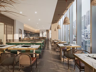 Modern Restaurant Interior With Open Layout City View Windows Woven Pendant Lights And Rattan Chairs 3d model