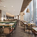 Modern Restaurant Interior With Open Layout City View Windows Woven Pendant Lights And Rattan Chairs
