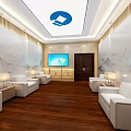 Elegant Lounge Area With White Sofas Wooden Flooring Marble Walls Table Lamps And Green Plants