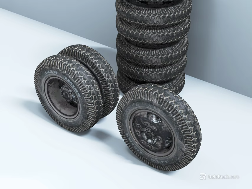 Old Black Treaded Tires Stacked and Two Lying on White Surface 3d model
