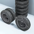 Old Black Treaded Tires Stacked and Two Lying on White Surface 3d model