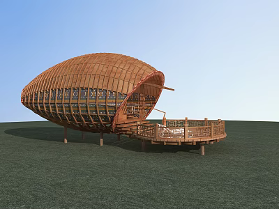 Shell Shaped Wooden House with Wooden Platform and Staircase on Green Grassland 3d model