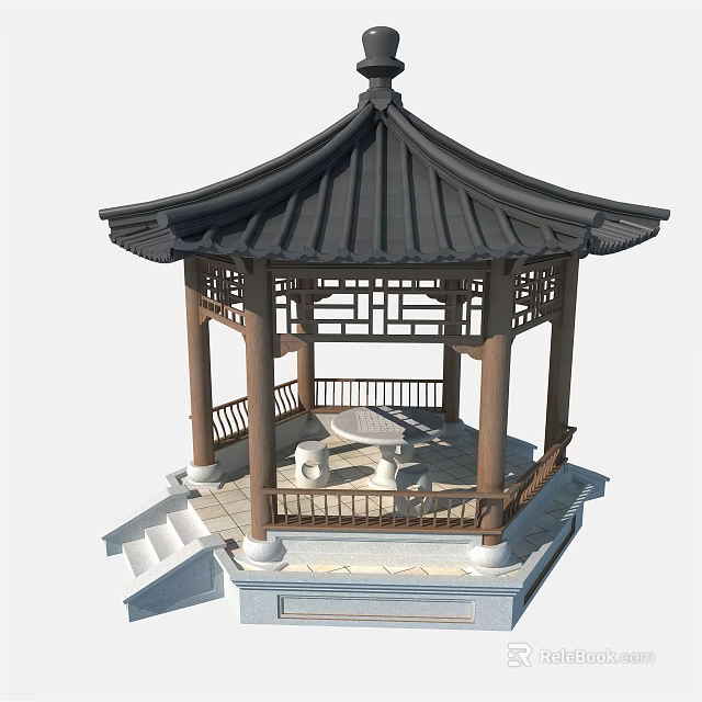 Traditional Pavilion With Black Tiled Roof Carved Railings And Stone Steps 3d model 