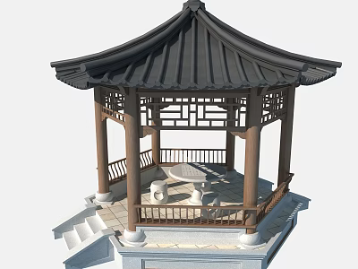 Traditional Pavilion With Black Tiled Roof Carved Railings And Stone Steps 3d model