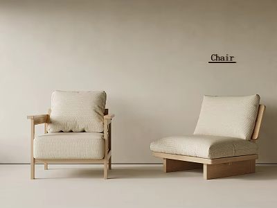 Two Minimalist Wooden Frame Chairs With Beige Cushions And Light Background 3d model