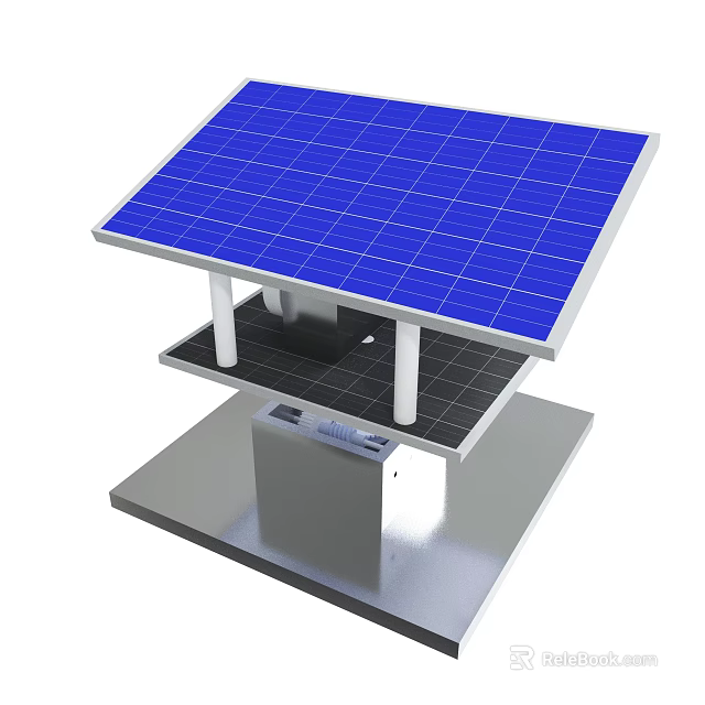 Solar Energy System With Blue Panel And Battery Storage On Support Stand 3d model