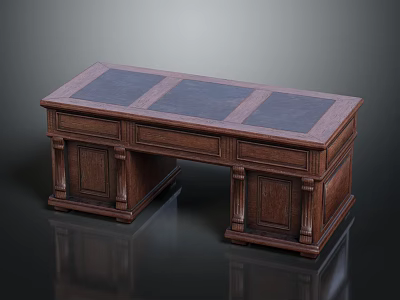 Traditional Dark Brown Wooden Desk With Carved Legs And Storage Drawers 3d model