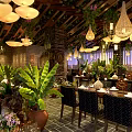 Tropical Restaurant Interior With Hanging Pendant Lights Green Plants And Wooden Ceiling