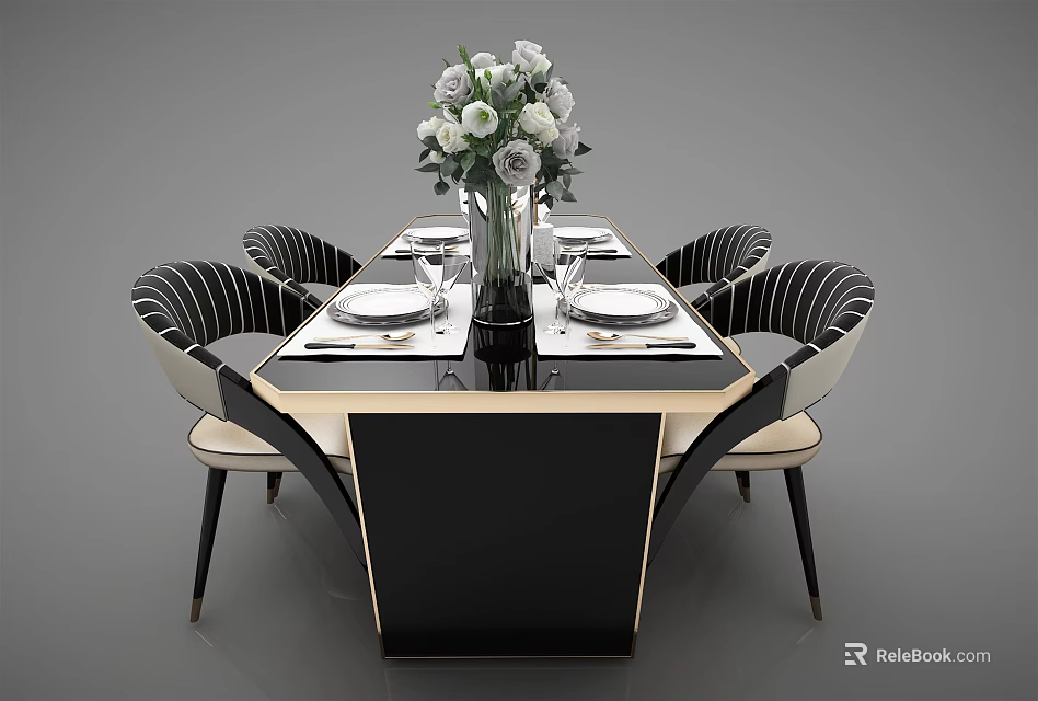Modern Dining Table Set with Black White Striped Chairs Tableware and Flower Vase 3d model