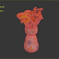 Carved Ceramic Vase Sculpture With Facial Features And Colorful Floral Patterns Holding Orange Red Flowers