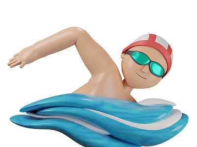 Man Swimming With Red And White Swim Cap Green Goggles In Blue Waves 3d model