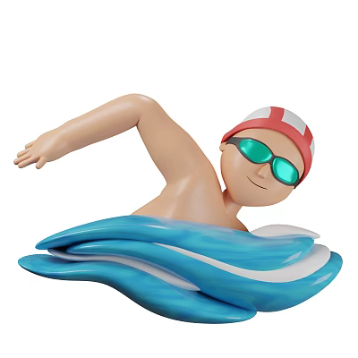 Man Swimming With Red And White Swim Cap Green Goggles In Blue Waves 3d model