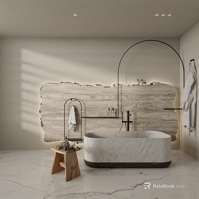 Modern Minimalist Bathroom With Marble Bathtub And Textured Feature Wall 3d model 