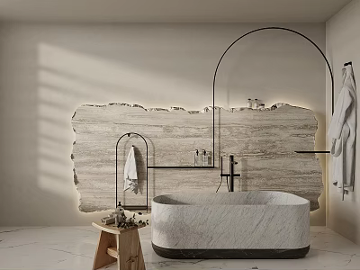 Modern Minimalist Bathroom With Marble Bathtub And Textured Feature Wall 3d model