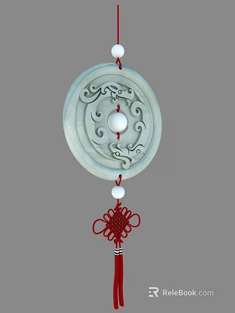 Exquisite Jade Pendant With Circular Carved Patterns Central White Bead And Red Chinese Knot 3d model 