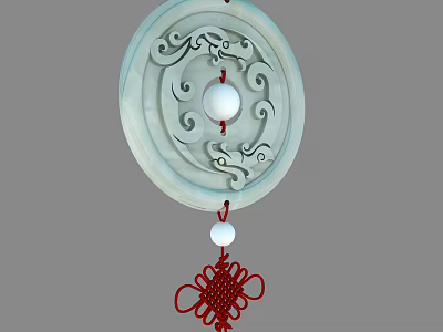 Exquisite Jade Pendant With Circular Carved Patterns Central White Bead And Red Chinese Knot 3d model