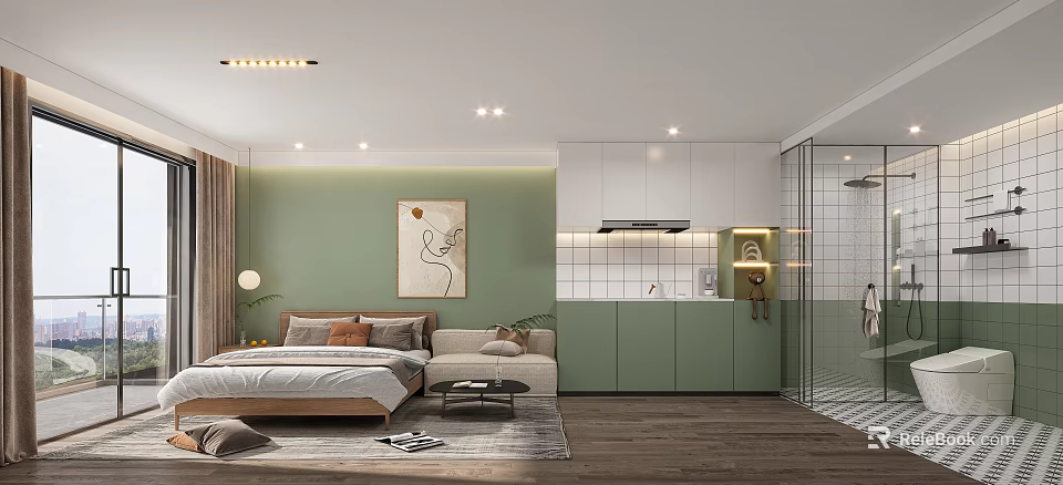 Modern Cozy Apartment Interior With Bed Sofa Kitchen And Art Decor 3d model 