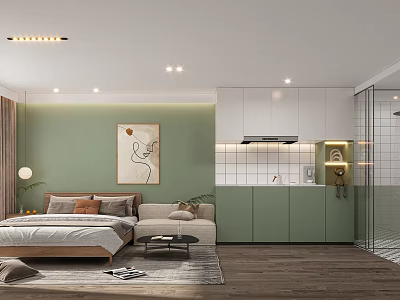 Modern Cozy Apartment Interior With Bed Sofa Kitchen And Art Decor 3d model