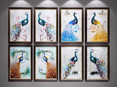 Peacock Animal Paintings with Colorful Feathers and Floral Decorations Framed on Wall 3d model