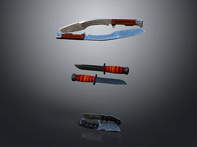 Different Weapons Types Including Curved Blade Knife With Red Black Handle and Folding Knife 3d model