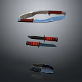 Different Weapons Types Including Curved Blade Knife With Red Black Handle and Folding Knife