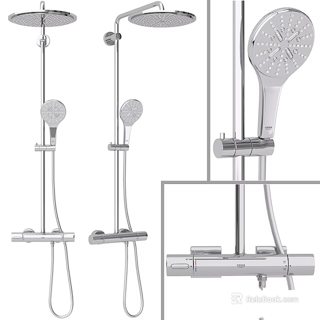 Modern Chrome Shower Faucet With Handheld Overhead Showerheads And Control Handle 3d model 