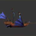 Detailed Pirate Ship Model Featuring Blue Wings Red Flags And Skull Symbol
