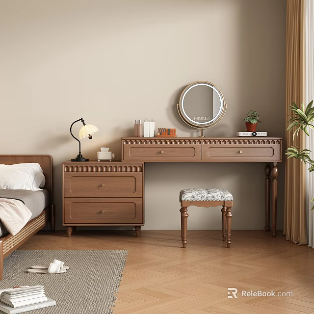 Wooden Dressing Table With Round Mirror And Patterned Stool In Cozy Interior Room 3d model