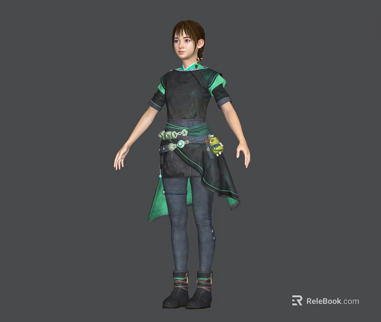 Game And Movie Character With Brown Short Hair Black Green Outfit And Waist Decorative Belt 3d model 