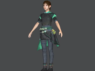 Game And Movie Character With Brown Short Hair Black Green Outfit And Waist Decorative Belt 3d model