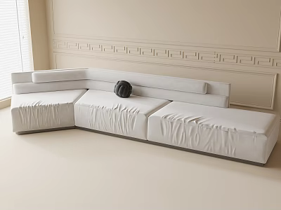 White L Shaped Sectional Sofa With Black Decorative Ball In Beige Room Ornate Wall Molding 3d model