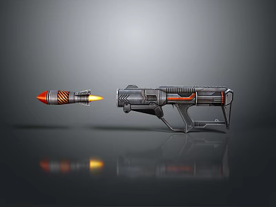 Futuristic 3D Rendered Weapon Rocket Launcher With Black Gray Red Accents Glowing Projectile And Reflection 3d model
