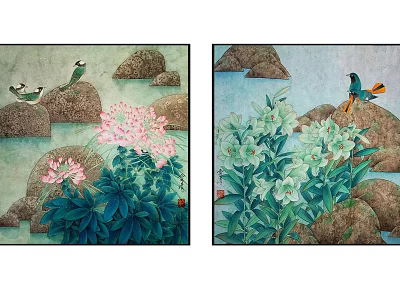 Traditional Chinese Painting With Birds Flowers Rocks And Green Foliage 3d model