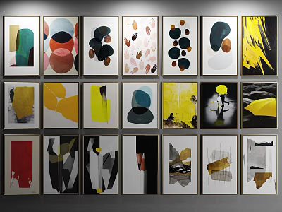 Multiple Abstract Paintings With Various Colors Geometric Shapes And Textures On Wall 3d model