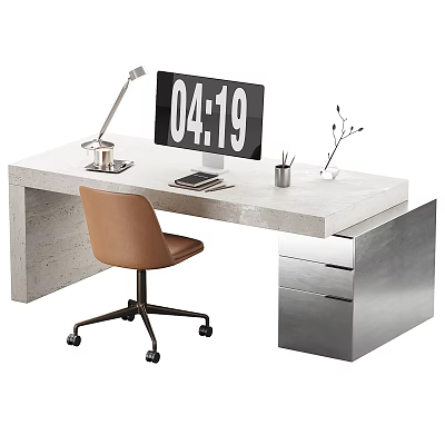Modern Office Desk With Marble Top Brown Chair Desk Lamp And Digital Clock Stationery 3d model