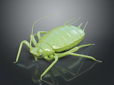Realistic Green Cricket 3D Model With Glossy Surface Long Antennae And Reflective Dark Background 3d model