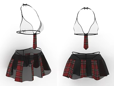 Women's Red Black Plaid Halter Top and Mesh Skirt Two Piece Outfit Clothes 3d model