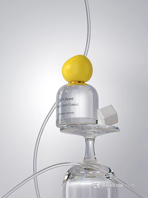 Modern Transparent Glass Perfume Bottle with Yellow Spherical Top White Cubic Accent and Minimalist Design 3d model 